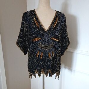 Laurence Kazar Black and Gold Beaded Short Sleeve Blouse